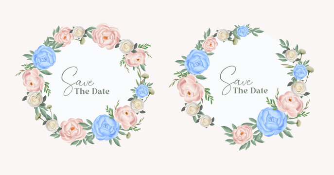 Watercolor blue and peach floral frame template. Round circle flower wreath frame wedding invitation