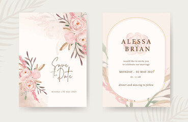 Obraz na płótnie Canvas Set of Save the date wedding invitation card template with rose flower bouquet watercolor art