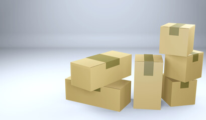 3D rendering closed delivery boxes stack on eath other 3d render illustartion. Isolated objects brown box for product packing