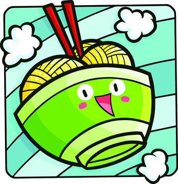 Kawaii Green Bowl Noodle Cartoon Character