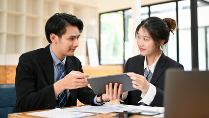 Professional Asian male financial consultant discussing with a female client.