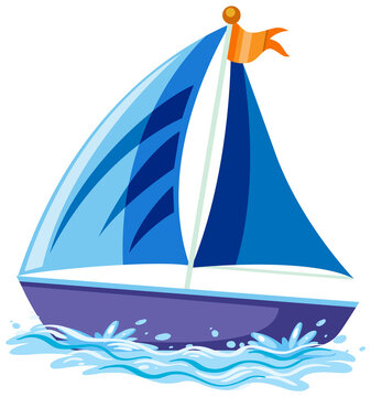 Blue sailboat on the water in cartoon style