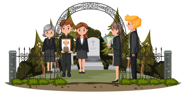 mourners at a funeral, black attire, cemetery scene clip art preview