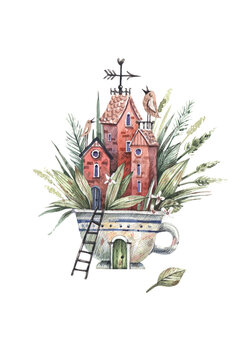 Hand drawn watercolor illustration with village houses, green garden and birds in a tea cup isolated on white background. Cute, rustic plot illustration for decor, postcards, prints.