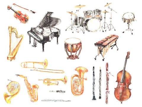 水彩で描いた色々な楽器のイラストセット