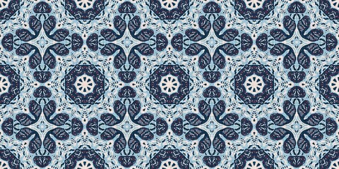 Indigo blue red batik geo nautical seamless border pattern. Modern marin geometric kaleidoscope banner. Nantucket fabric textile style. Summer rustic masculine worn linen effect edging trim tape 