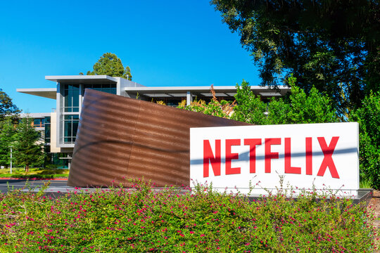 Netflix logo, sign at the entrance to the Netflix headquarters in Silicon Valley - Los Gatos, California, USA - 2022