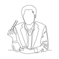 Continuous line of Businessman sitting at table his hand holding chopsticks preparing to eat