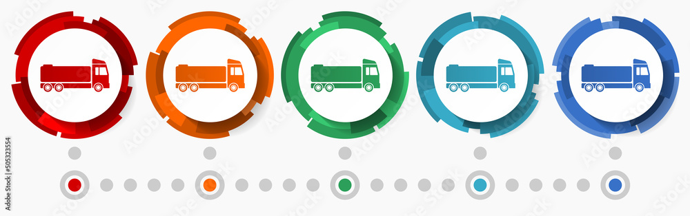 Poster Truck, cistern concept vector icon set, modern design abstract web buttons in 5 color options, infographic template