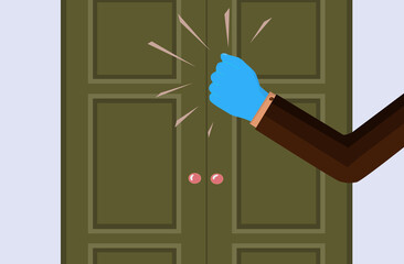 Knock on the door. A man's hand in a disposable glove with a message about a pandemic. The concept of a closed office, home or room. A knocking fist on the front door, enter. Vector illustration