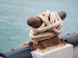Anchor ropes and steel poles for tying the rope when the ship is in port. - 505328531