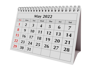 One page of the annual business desk monthly calendar. Date - month May 2022