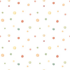 Watercolor abstract hand drawn seamless pattern with illustration of polka dot backdrop. Colorful red, yellow, green, orange splashes, spots, circles isolated on white background. Wallpaper, wrapping