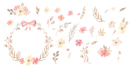 Watercolor wreath and flowers, illustration for kids
