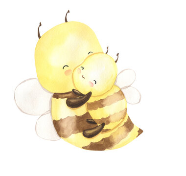 Watercolor honey bee mother and baby illustration for kids