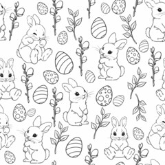 seamless spring pattern, easter bunny and easter eggs, willow branch, spring willow, cute little hares, hand-drawn vector illustration, line graphics, on white background coloring or printing fabric