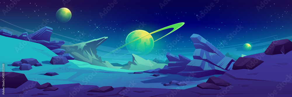 Wall mural mars surface, alien planet landscape. night space game background with ground, mountains, stars, sat