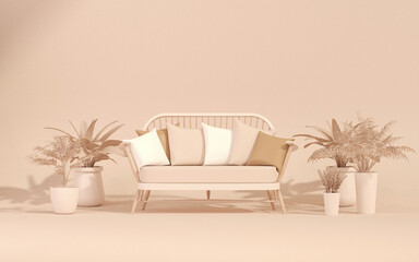 Armchair and plant pot concept in Peach Fuzz is color trend of the Year 2024. Light background with copy space. 3D rendering for web page, presentation or studio, minimalist.