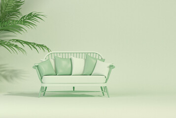 Armchair and tropical leaves concept in plain monochrome pastel green color. Light background with copy space. 3D rendering for web page, presentation or studio, minimalist.
