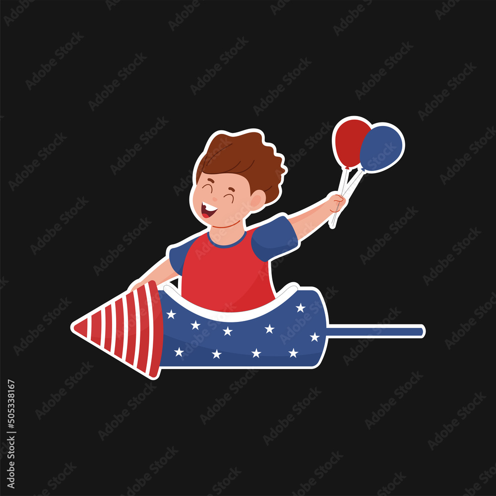 Poster sticker style cheerful boy riding fireworks rocket and fly balloon over black background.