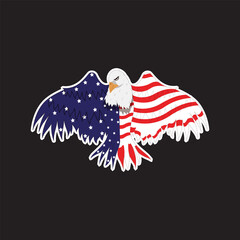 Sticker Style Fly Eagle In American Flag Color Over Black Background.
