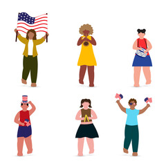 Illustration Of Faceless Cartoon Character Style Boy And Girl Playing From Flag, Drum, Cymbal And Clarinet On American Day Or Event On White Background.