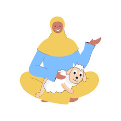 Islamic Young Lady Holding Cartoon Sheep In Sitting Pose against On White Background.