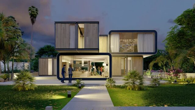 Luxury modular home with pool and garden at dusk