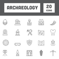Black Line Art Set Of Archeology Icons In Flat Style.