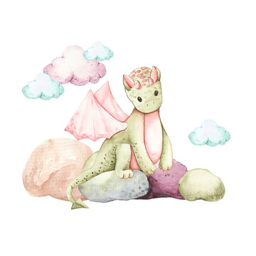 Dragon baby animals watercolor illustration. Dinosaurs for kids. Fairy dragons. Funny dragon, cute magic lizard with wings and baby. Flying dragon medieval reptile flies fantas