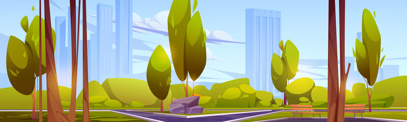 City park with green trees and grass, wooden benches and skyscrapers on skyline. Vector cartoon illustration of summer landscape of empty public garden with bushes, lawn and paths - obrazy, fototapety, plakaty