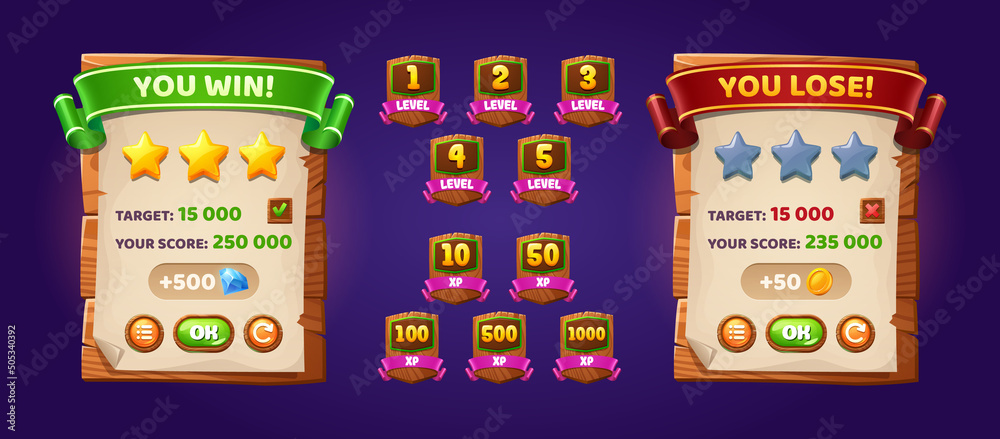 Poster game ui interface boards of win or lose and badges of level number and xp points. vector cartoon set