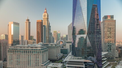 Fototapeta na wymiar Dubai International Financial district aerial timelapse. Panoramic view of business and financial office towers.