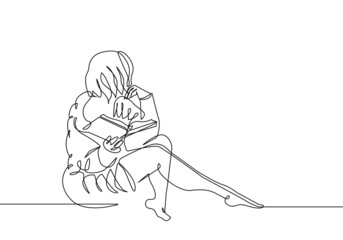 Woman with Book Line Art Drawing. Reading Minimalist Black Lines Drawing. Symbol of Reading Continuous One Line Abstract Drawing. Woman Modern Scandinavian Vector Illustration.