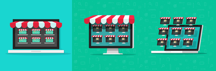 Multi vendor marketplace shop vector or multivector ecommerce tech with multiples online stores on virtual market place flat illustration, digital big mall concept on computer laptop screen image