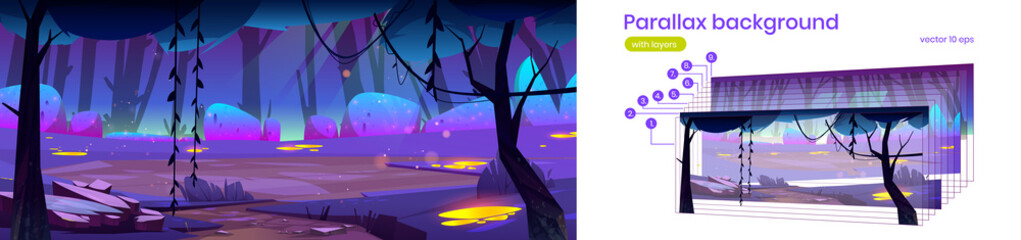 Magic forest with trees, bushes and gold spots on grass at night. Vector parallax background ready for 2d animation with cartoon illustration of fantastic woods landscape with path and glade