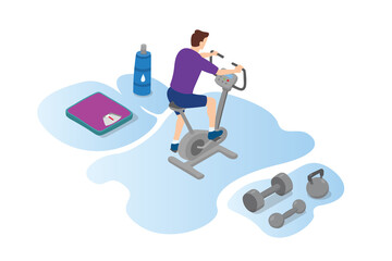 man sports with stationary bike workput with modern isometric style