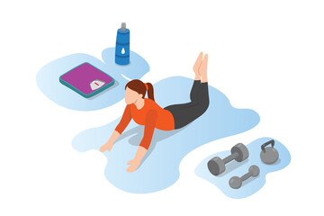 woman stretch before sports training with modern isometric style