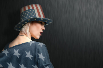 Woman wearing hat with american symbols. Beautiful beauty woman celebrating USA national...
