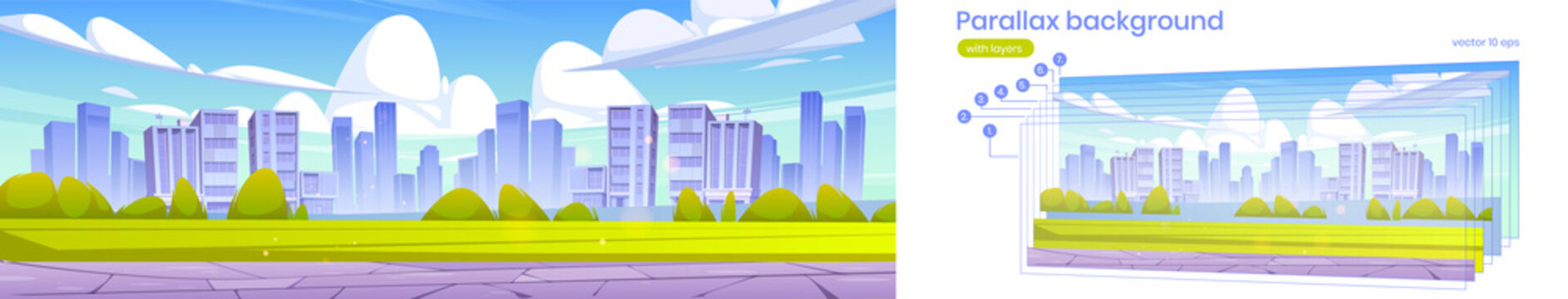 Cityscape with green lawn, bushes, stone road and buildings on skyline. Vector parallax background for 2d animation with cartoon illustration of summer landscape with field and town on horizon