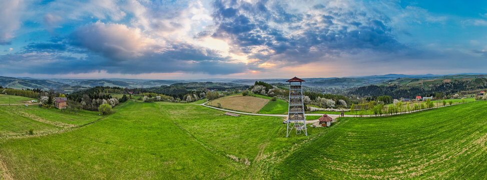 Lookout Tower in Brusnik, Lesser Poland. Drone Panorama at Spring