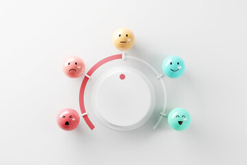 Customer choose emoji emoticons happy mood on emotions satisfaction meter, evaluation, Increase rating, Satisfaction and best excellent services rating concept, Feedback concept design, 3d render. - obrazy, fototapety, plakaty