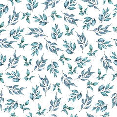 Seamless pattern with decorative light blue leaves. Hand drawn watercolor illustration.