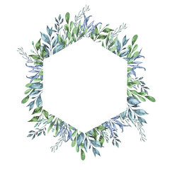 Decorative fresh blue and green leaves and branches frame. Hand drawn watercolor illustration. - 505346361