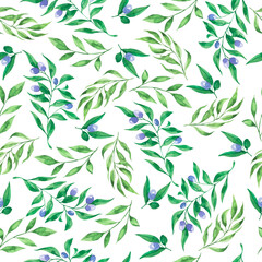 Seamless pattern with green leaves and branches and lilac berries. Hand drawn watercolor illustration.