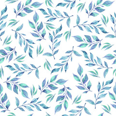 Seamless pattern with pastel blue branches and leaves. Hand drawn watercolor illustration. - 505346370
