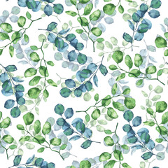 Seamless pattern with blue and green branches and leaves. Hand drawn watercolor illustration. - 505346372