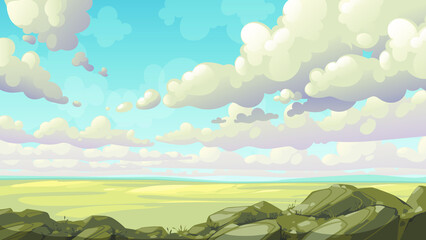 Vector landscape with clouds and stones
