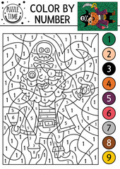 Vector color by number activity with cute pirate. Treasure island scene. Black and white counting game with cute captain with hook and sable. Sea adventures coloring page for kids.