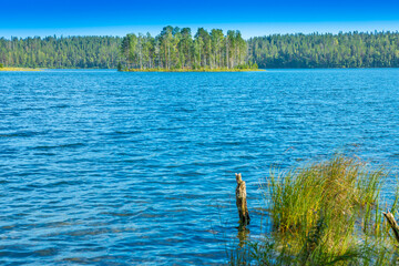 Karelia, wooden mere with islands at the summer